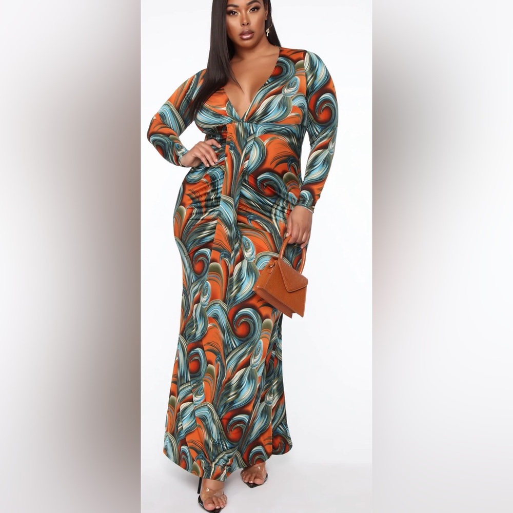 Fashion Nova Vibrant Swirl Long Sleeve Dress
